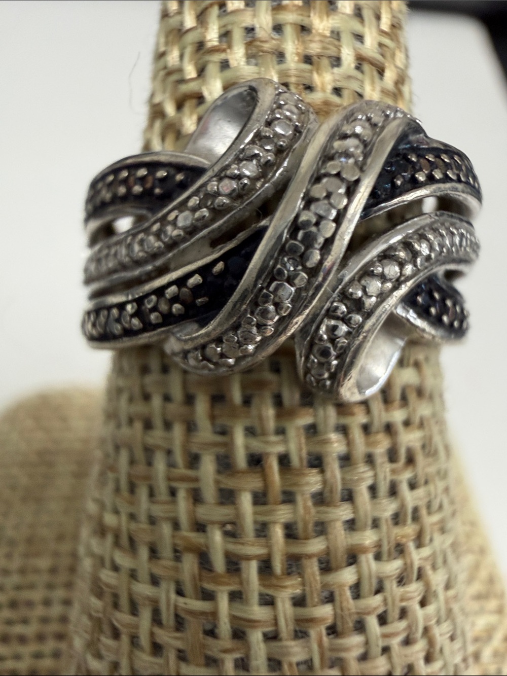 Sterling Silver Black and Silver Twisted Dome Ring with Diamond chips, size 7